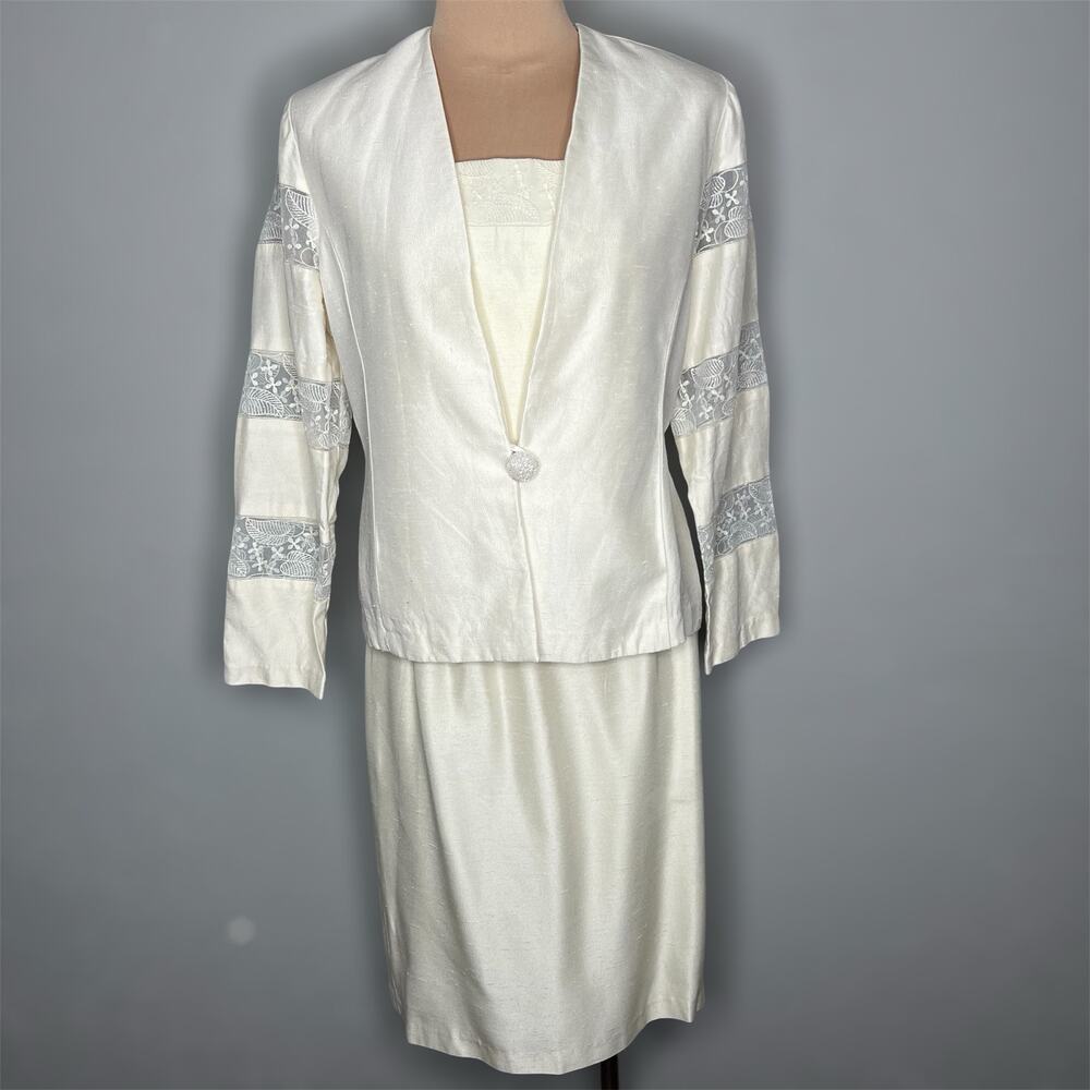 Vtg Brownstone Studio Skirt Suit 8/10 Lace Raw Silk Cream 90s Work Blazer Jacket